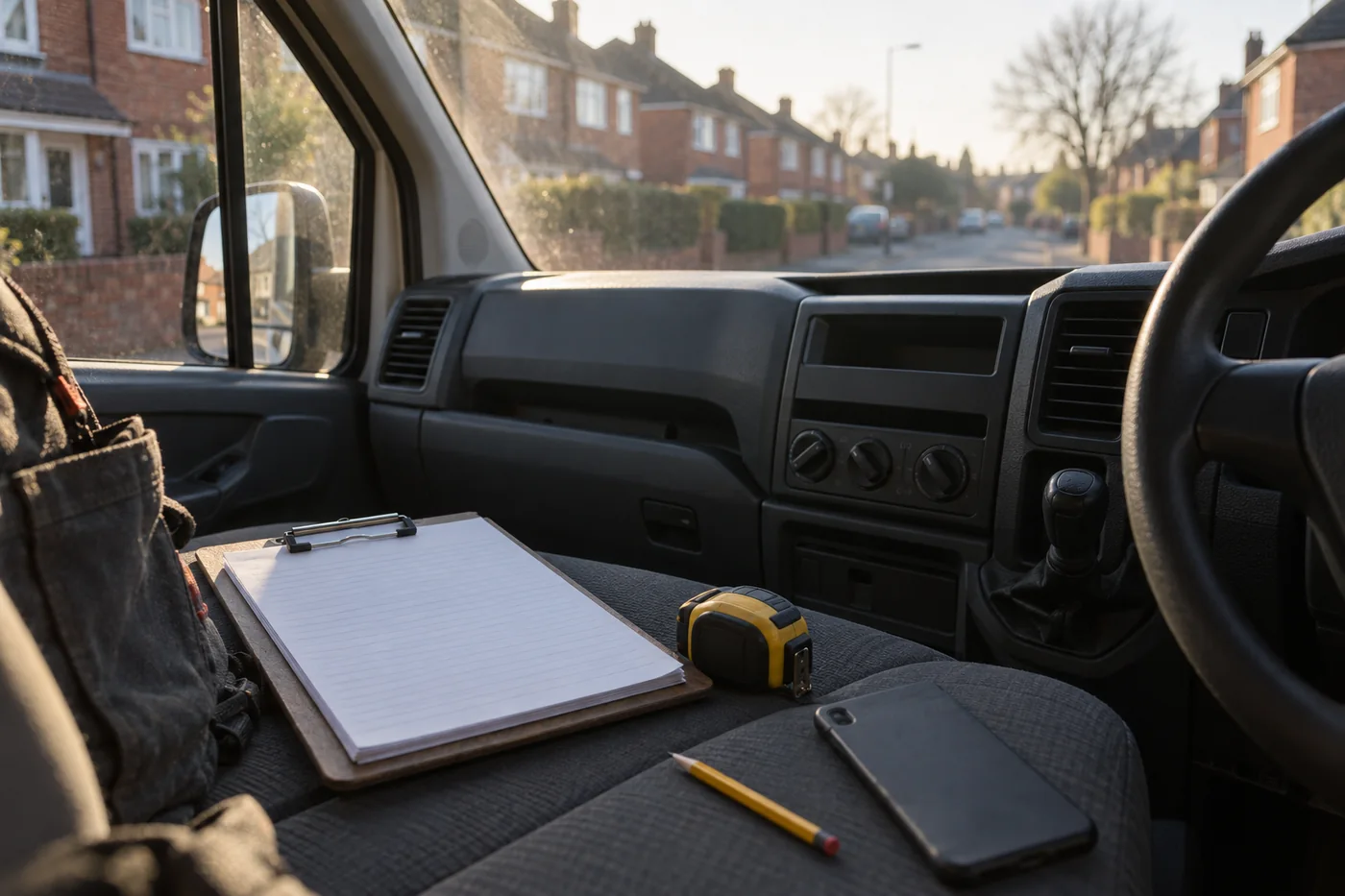 A clipboard, a tape measure and a phone on the seat of a work van parked on a street of houses