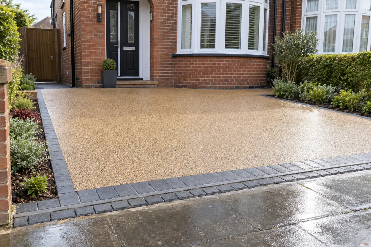 A new resin driveway in front of a red-brick semi-detached house